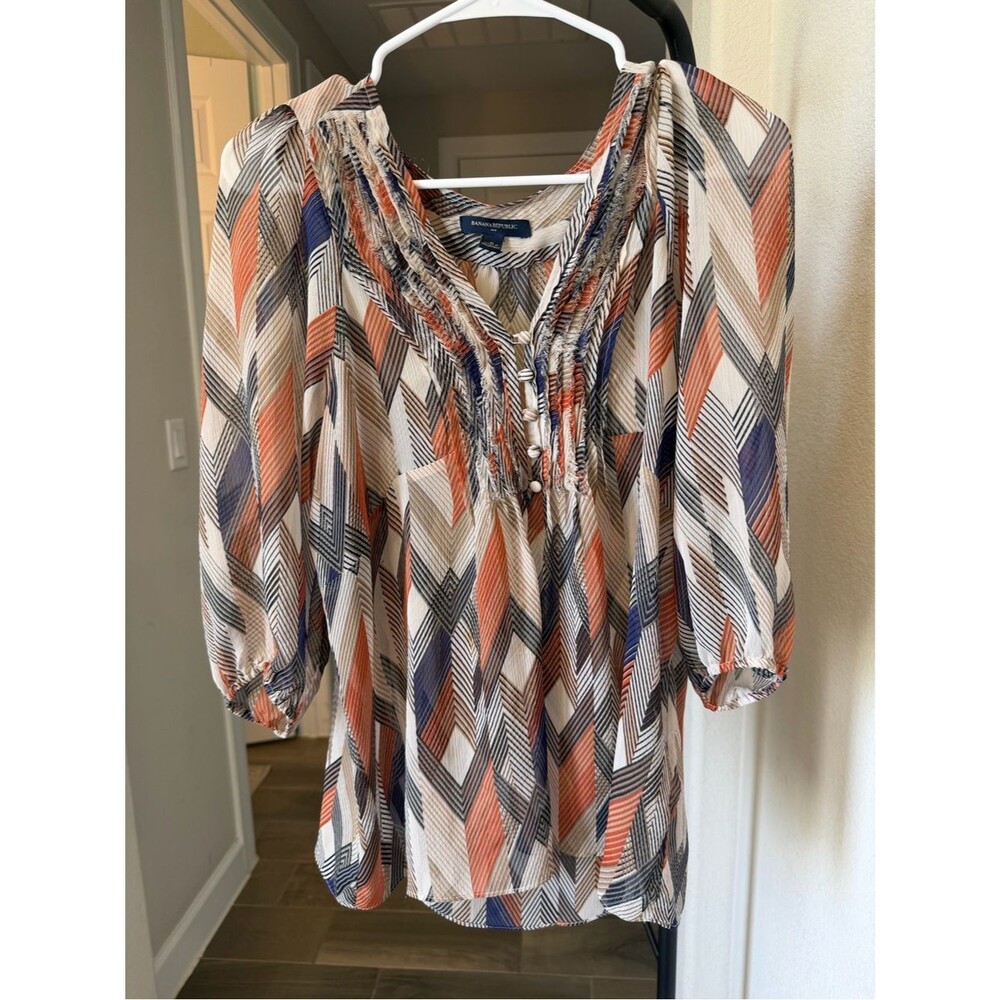 Banana Republic Cream Geometric Peasant Blouse with Orange & Blue Accents M